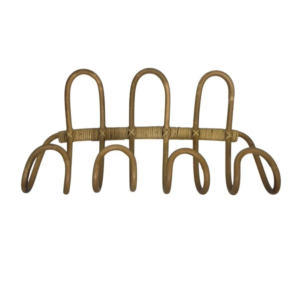 Rattan Coat Rack Wall Mounted 4 Hooks Curved Multi Use‎ Natural Lightweight Boho